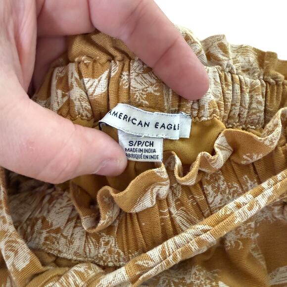 American Eagle Cotton Linen Blend Wide Leg Crop Pants Lined Belted Size S Gold - Picture 6 of 13